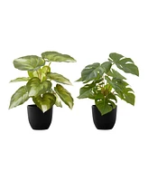 Monarch Specialties 13" Indoor Artificial Monstera Calthea Plants with Decorative Black Pots, Set Of 2