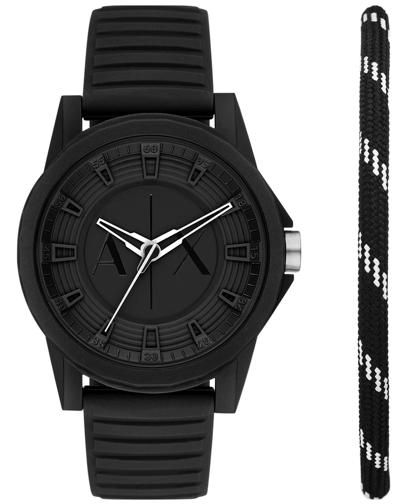 A|X Armani Exchange Men's Outerbanks Three Hand Black Silicone Watch 44mm Set