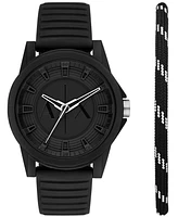 A|X Armani Exchange Men's Outerbanks Three Hand Black Silicone Watch 44mm Set