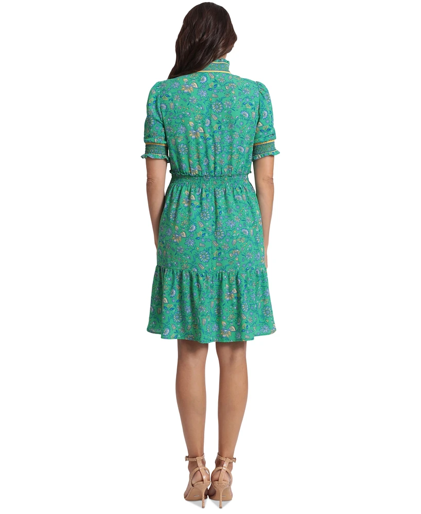 London Times Petite Elbow-Sleeve Smock-Waist Dress