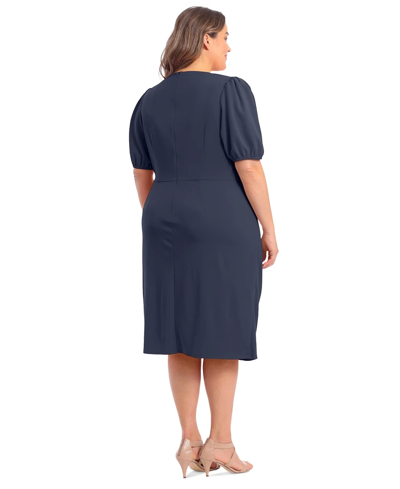 London Times Plus Puff-Sleeve Tie-Waist Dress