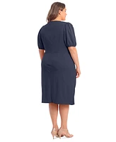 London Times Plus Puff-Sleeve Tie-Waist Dress