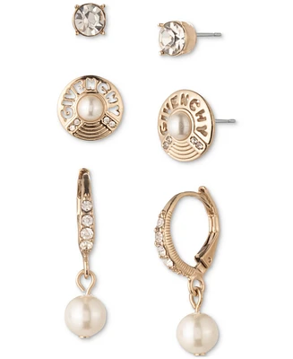 Givenchy Gold-Tone 3-Pc. Set Pave, Imitation Pearl & Logo Earrings