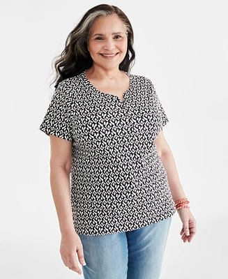 Style & Co Plus Size Printed Short-Sleeve Henley Top