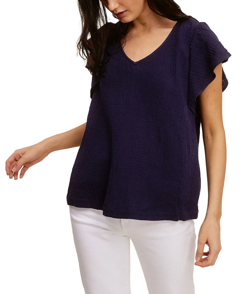 John Paul Richard Cotton Gauze Ruffle Flutter Sleeve Top