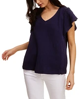 John Paul Richard Cotton Gauze Ruffle Flutter Sleeve Top