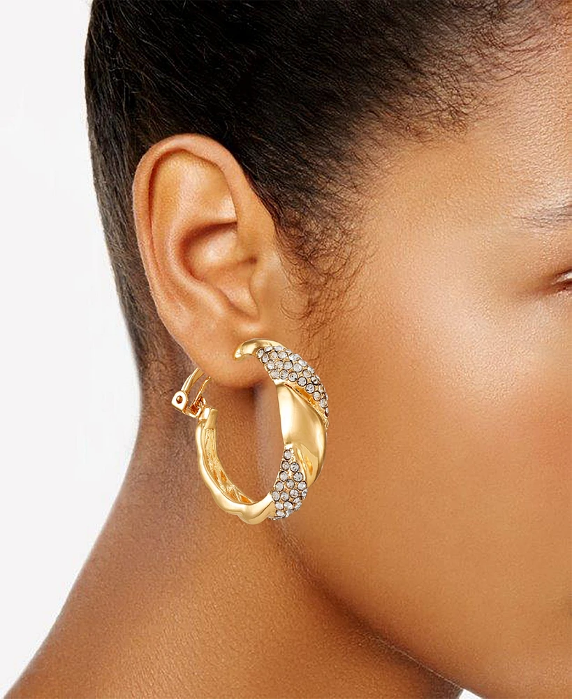 T Tahari Gold-Tone Woven Glass Stone Clip On Hoop Earrings