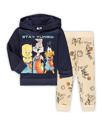 Toddler Boys and Girls Navy, Tan Space Jam Pullover Hoodie and Joggers Set