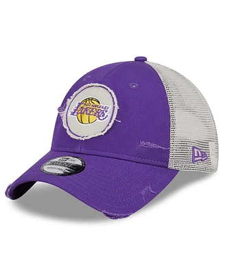 Men's New Era Purple Distressed Los Angeles Lakers Rally Drive Distressed Patch 9TWENTY Trucker Adjustable Hat