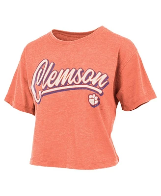 Women's Pressbox Orange Distressed Clemson Tigers Team Script Harlow Vintage-Like Waist Length T-shirt