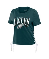 Women's Wear by Erin Andrews Midnight Green Philadelphia Eagles Lace Up Side Modest Cropped T-shirt