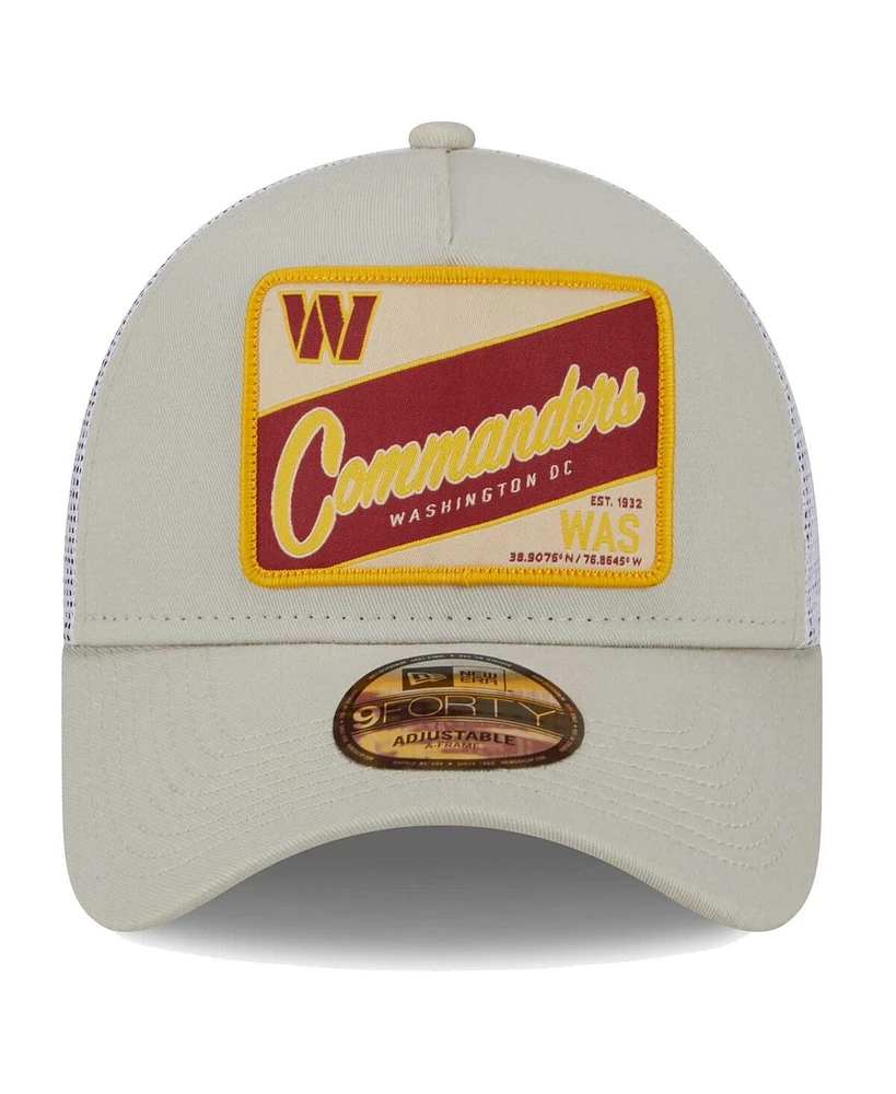 Men's New Era Stone, White Distressed Washington Commanders Happy Camper A-Frame Trucker 9FORTY Adjustable Hat