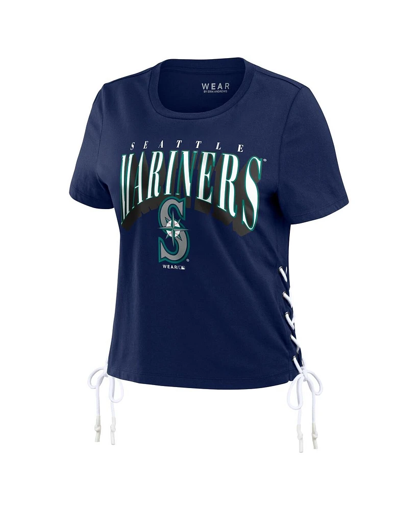 Women's Wear by Erin Andrews Navy Seattle Mariners Side Lace-Up Cropped T-shirt