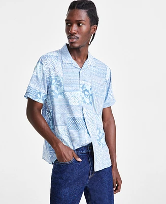 Sun + Stone Men's Cooper Short Sleeve Button-Front Ikat Patchwork Shirt, Created for Macy's