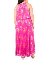 Msk Plus Size Pleated Printed Chiffon Halter Dress