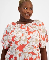 Anne Klein Plus Printed Boat-Neck Short-Sleeve Top, Created for Macy's