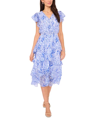 Vince Camuto Women's Printed Flutter-Sleeve Tiered Midi Dress