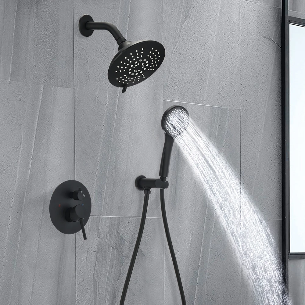 Simplie Fun Round Shower System Wall Mounted Rain Mixer Combo Set Matte Black
