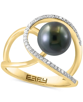 Effy Black Tahitian Pearl (8mm) & Diamond (1/6 ct. t.w.) Abstract Openwork Statement Ring in 14k Gold