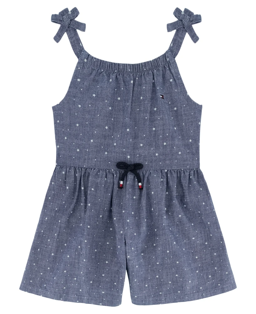 Tommy Hilfiger Little Girl Romper Printed Chambray Drawstring Straps Romper, 1 Piece Set