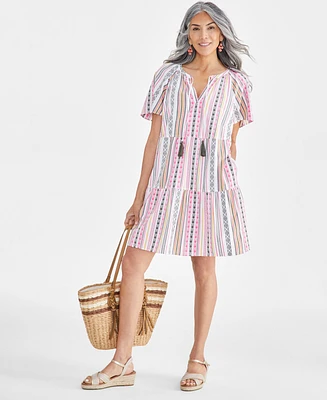 Style & Co Women's Stripe Split-Neck Tiered Dress, Created for Macy's