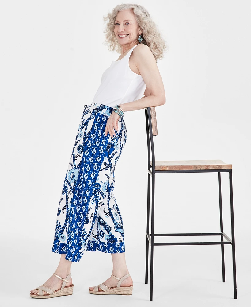 Style & Co Petite Printed Linen Pull On Cropped Drawstring Pants, Created for Macy's
