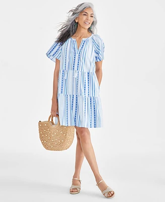 Style & Co Women's Stripe Split-Neck Tiered Dress, Created for Macy's