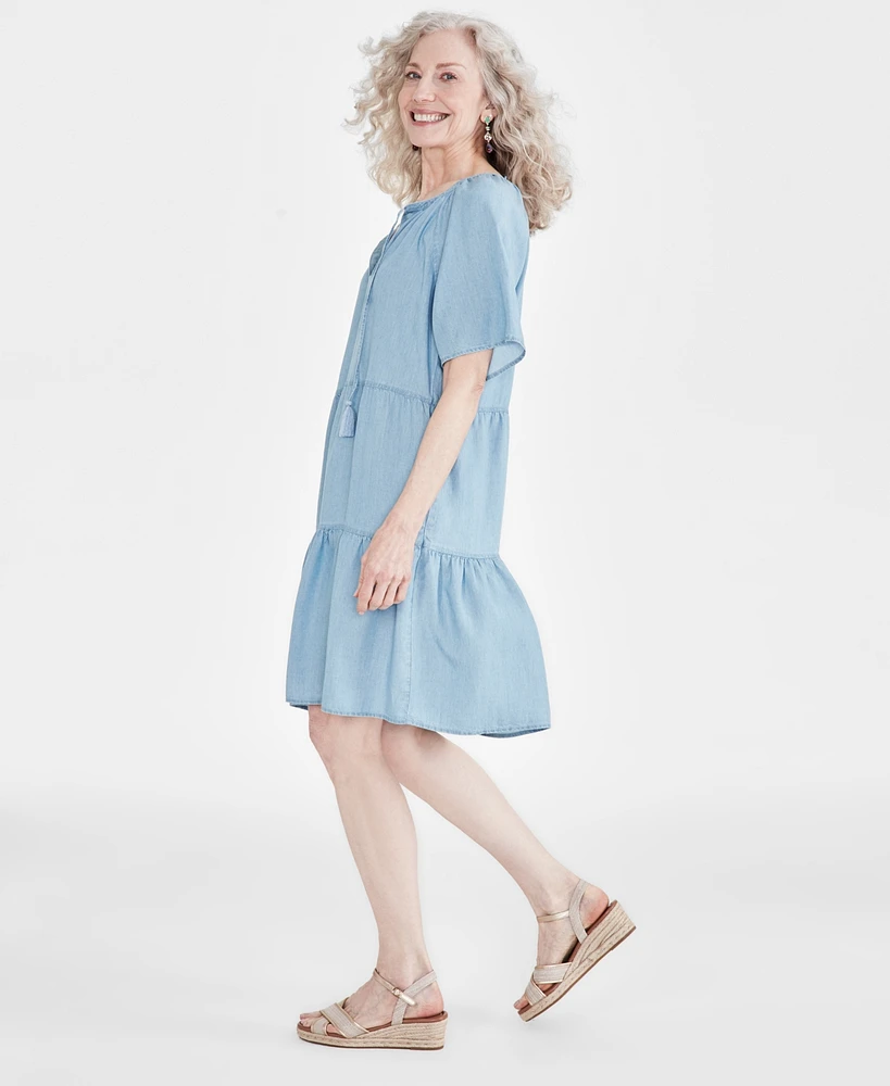 Style & Co Women's Chambray Split-Neck Tiered Dress, Created for Macy's