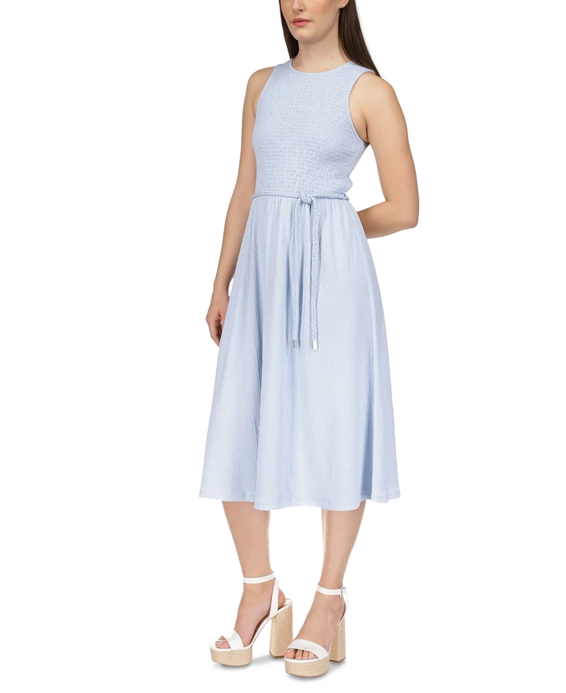 Michael Kors Petite Smocked Tie-Waist Midi Dress