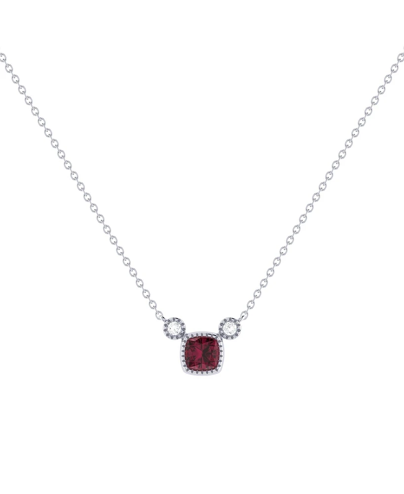 LuvMyJewelry Cushion Cut Ruby Gemstone, Natural Diamond 14K White Gold Birthstone Necklace