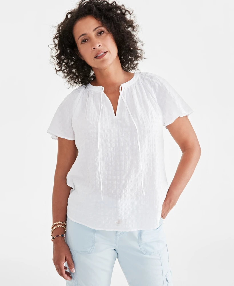 Style & Co Women's Seersucker Split-Neck Flutter Sleeve Top