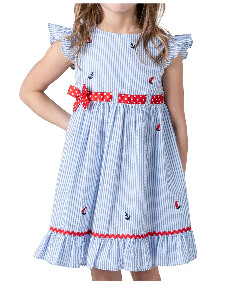 Rare Editions Little Girls Nautical Flutter Sleeve Seersucker Dress