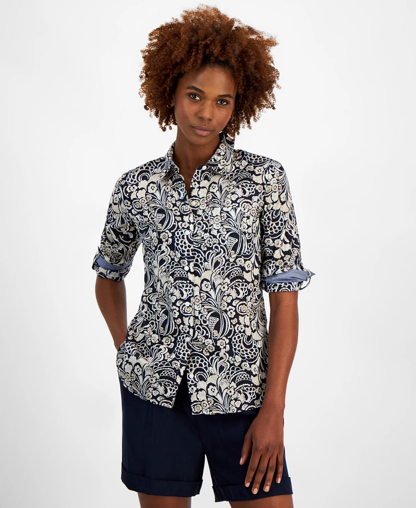 Tommy Hilfiger Women's Cotton Paisley Roll-Tab Shirt