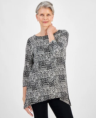 Jm Collection Women's 3/4 Sleeve Printed Jacquard Swing Top, Created for Macy's