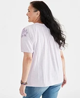 Style & Co Plus Embroidered Split-Neck Puff-Sleeve Top, Created for Macy's