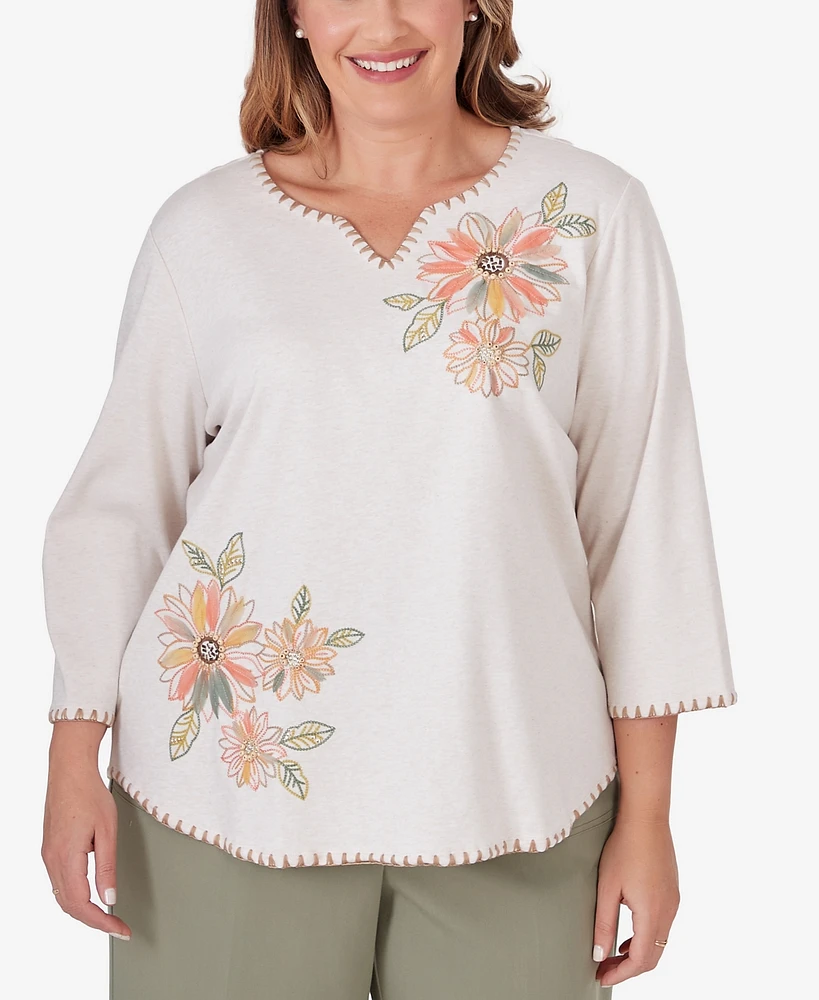 Alfred Dunner Plus Size Tuscan Sunset Embroidered Flower Top