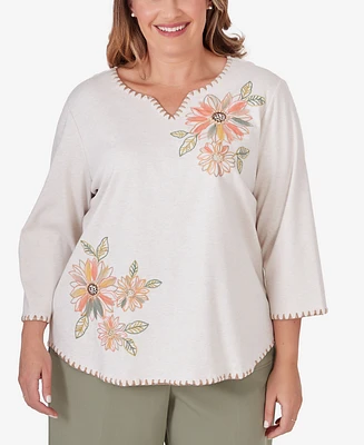 Alfred Dunner Plus Tuscan Sunset Embroidered Flower Top
