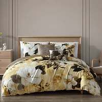 Bebejan Yellow Magnolia Bedding 200 Thread Count 100% Cotton Sateen 5 Piece Reversible King Comforter Set