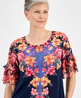 Jm Collection Women's Short-Sleeve Printed Ruffled-Cuff Top, Created for Macy's