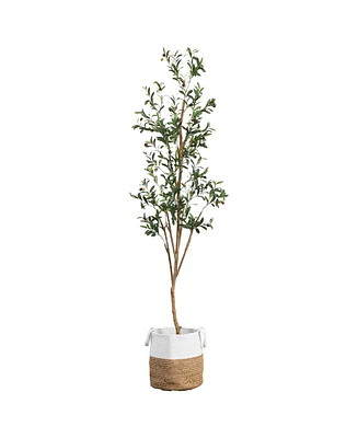 Nearly Natural 7ft. Artificial Olive Tree with Natural Trunk and Handmade Jute Basket