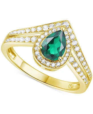 Lab-Grown Emerald (1/2 ct. t.w.) & White Sapphire (1/10 Pear Halo V Ring 14k Gold