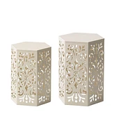 Glitzhome Multi-Functional Set of 2 White Floral Pattern Hexagonal Garden Stools or Planter Stand