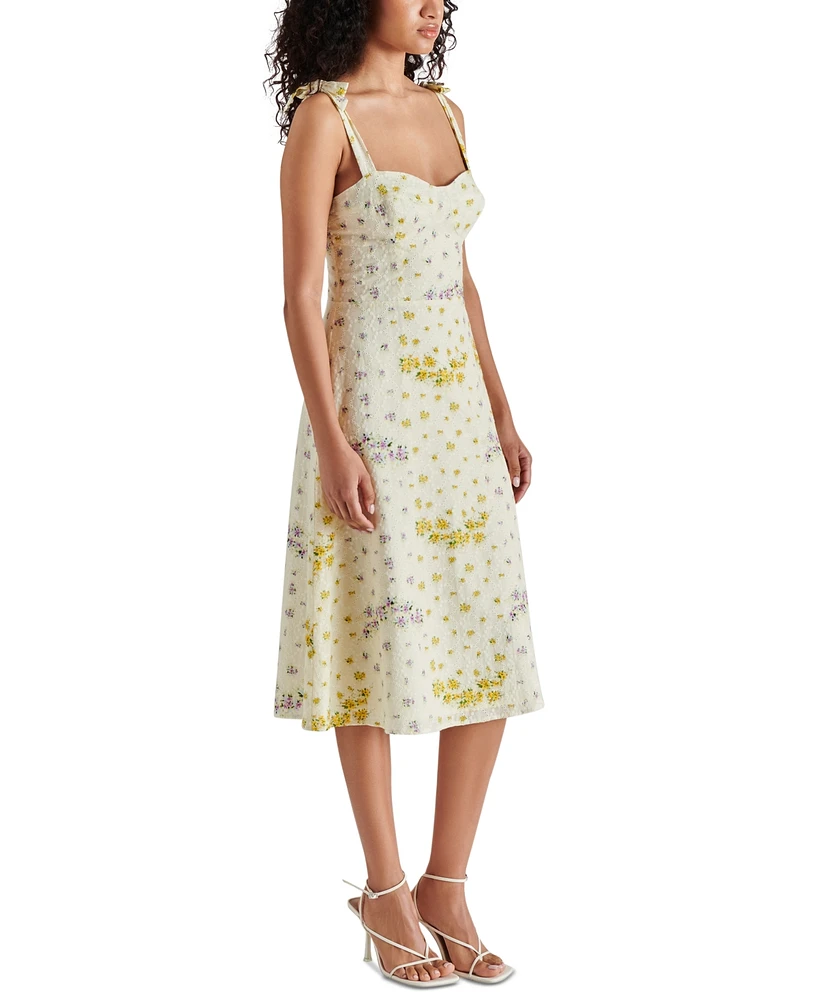 Steve Madden Women's Carlynn Floral-Print Pointelle Bow-Sleeve Smocked-Back Dress