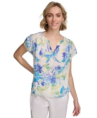 Calvin Klein Women's Short Sleeve Floral-Print Blouse