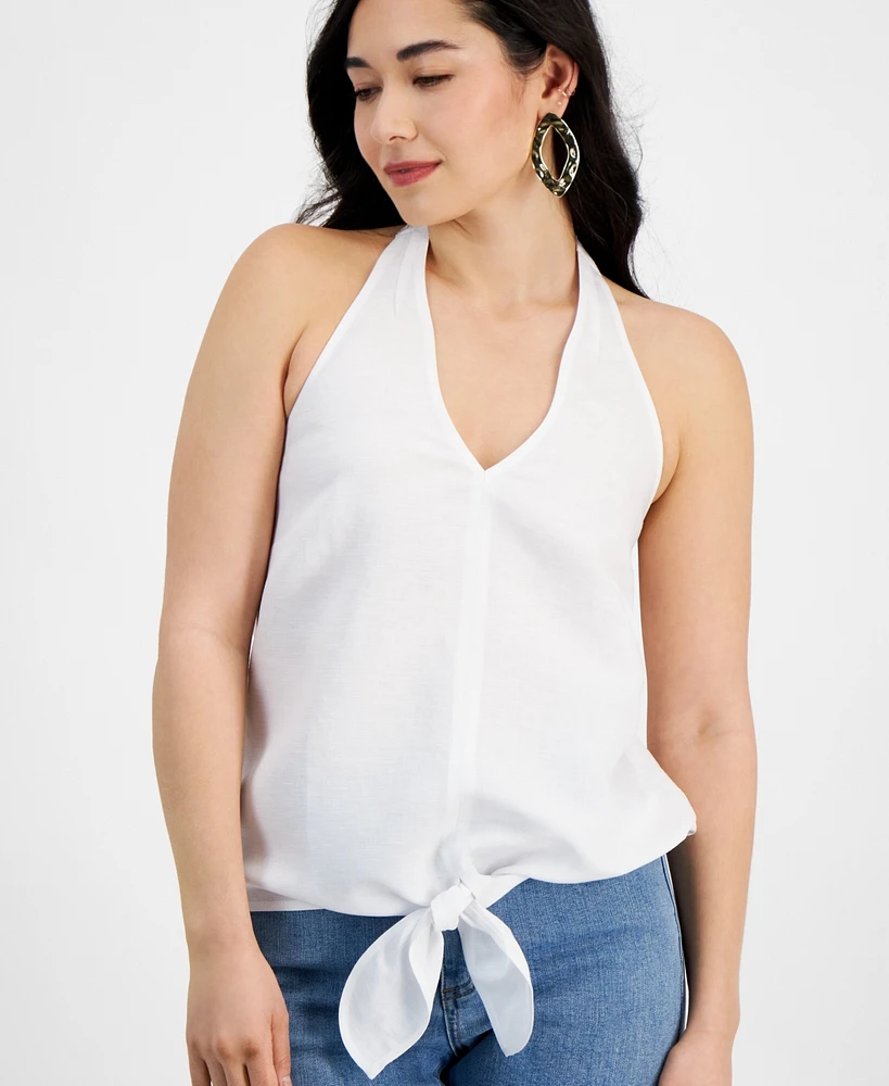 I.n.c. International Concepts Petite Linen-Blend Tie-Hem Halter Top, Created for Macy's