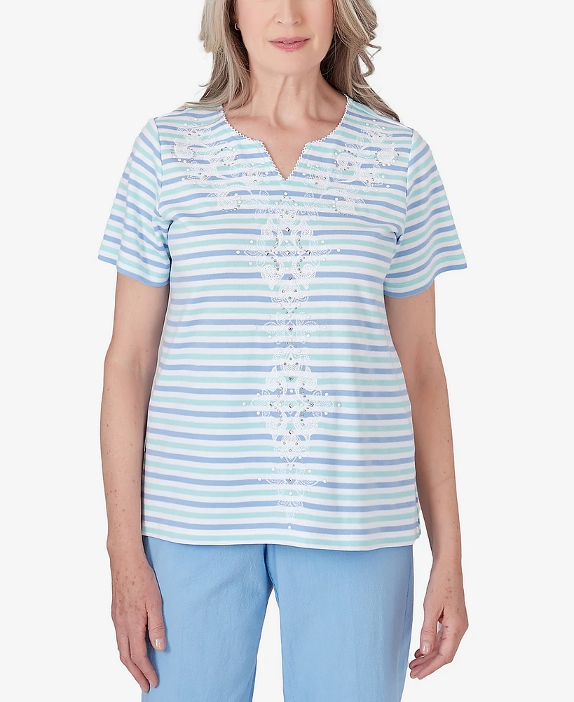 Alfred Dunner Women's Hyannisport Short Sleeve Multi-Stripe Medallion Top