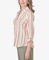 Alfred Dunner Women's Tuscan Sunset Striped Textured Button Down Top