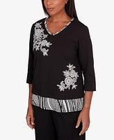 Alfred Dunner Women's Opposites Attract Animal Trim V-Neck Flower Top