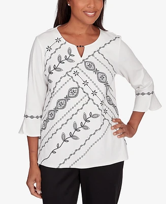 Alfred Dunner Women's Opposites Attract Embroidered Leaf Keyhole Neck Top