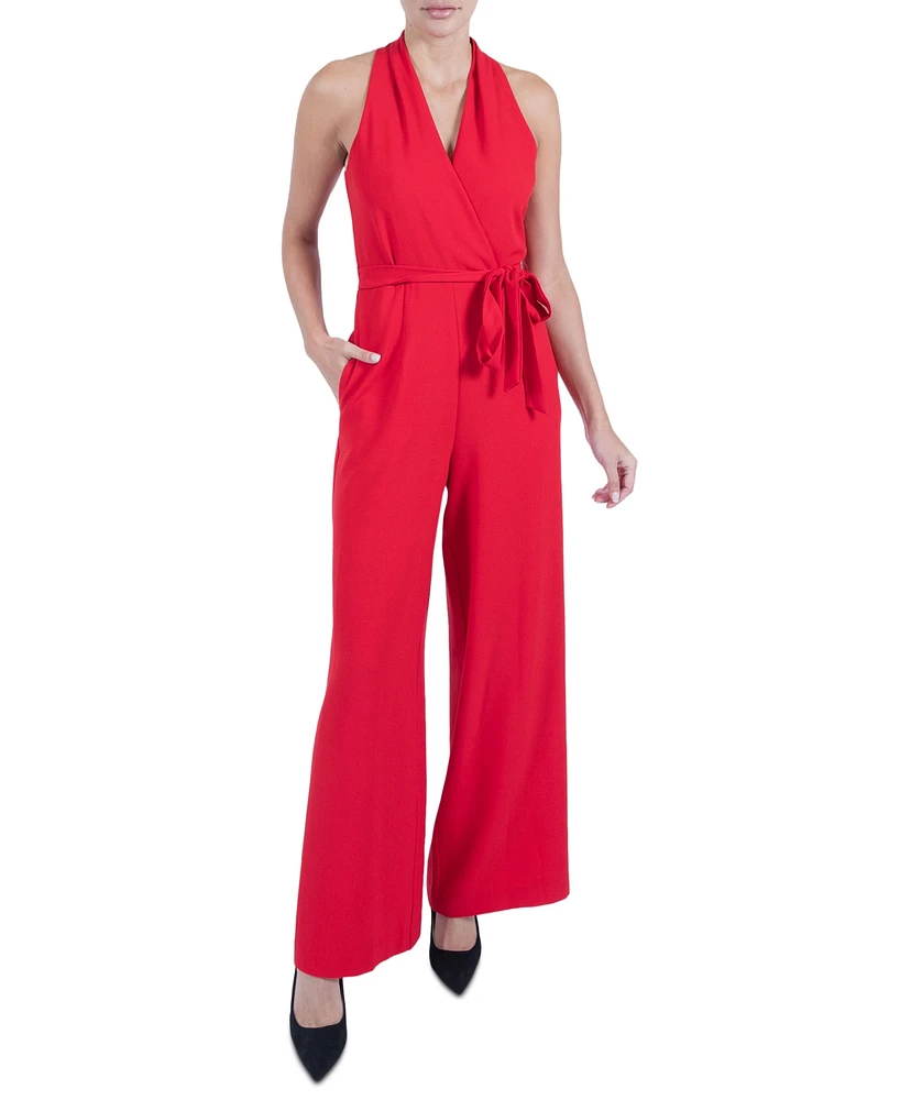 julia jordan Women's Belted Wide-Leg Halter Jumpsuit